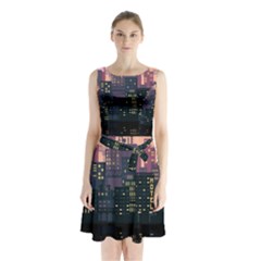 Pixel Art City Sleeveless Waist Tie Chiffon Dress