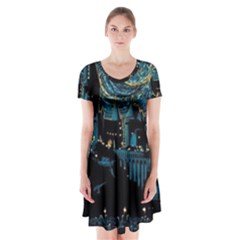 Hogwarts Starry Night Van Gogh Short Sleeve V-neck Flare Dress by Sarkoni