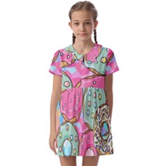 Donut Pattern Texture Colorful Sweet Kids  Asymmetric Collar Dress by Grandong