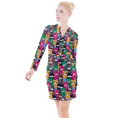 Cats Funny Colorful Pattern Texture Button Long Sleeve Dress