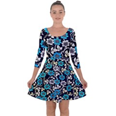 Blue Flower Pattern Floral Pattern Quarter Sleeve Skater Dress by Grandong