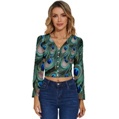 Peacock-feathers,blue2 Long Sleeve V-neck Top by nateshop