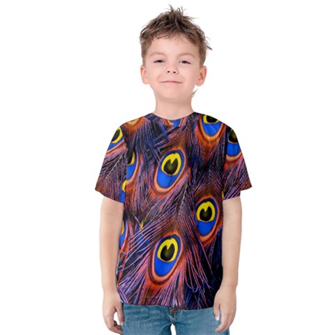 Peacock-feathers,blue,yellow Kids  Cotton T-shirt by nateshop