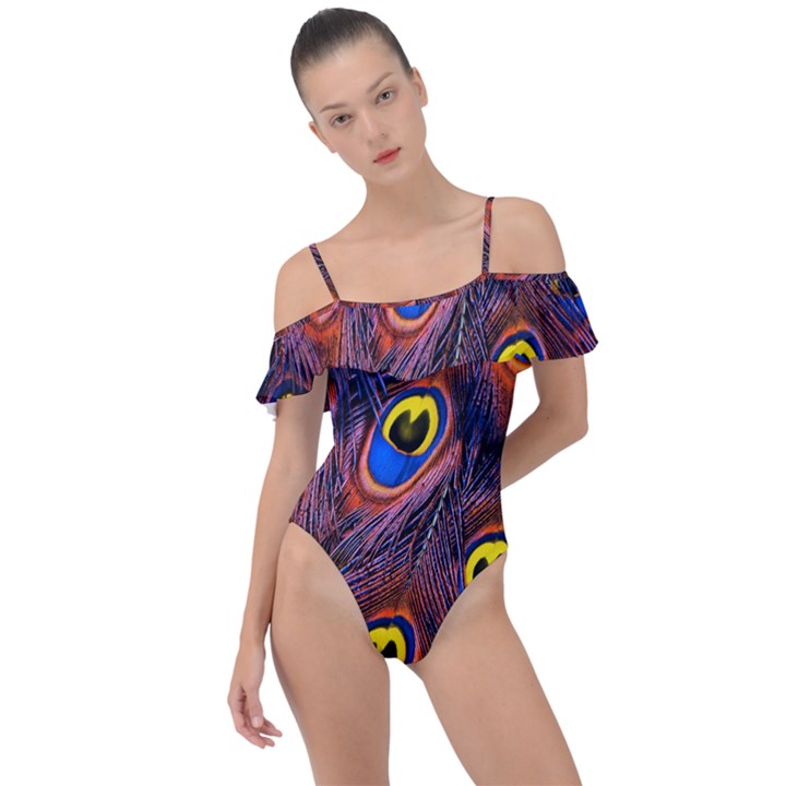 Peacock-feathers,blue,yellow Frill Detail One Piece Swimsuit