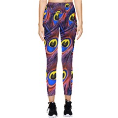 Peacock-feathers,blue,yellow Pocket Leggings  by nateshop