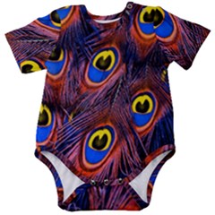 Peacock-feathers,blue,yellow Baby Short Sleeve Bodysuit by nateshop