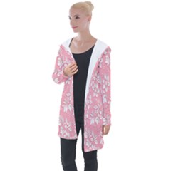 Pink Texture With White Flowers, Pink Floral Background Longline Hooded Cardigan by nateshop