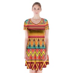 Aztec Short Sleeve V-neck Flare Dress by nateshop