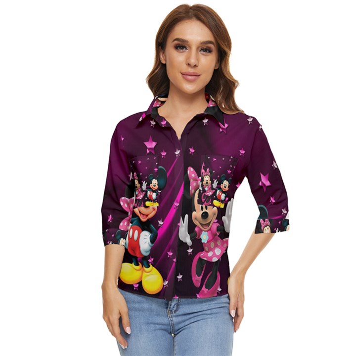 Cartoons, Disney, Mickey Mouse, Minnie Women s Quarter Sleeve Pocket Shirt