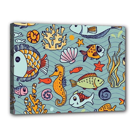 Cartoon Underwater Seamless Pattern With Crab Fish Seahorse Coral Marine Elements Canvas 16  X 12  (stretched) by uniart180623