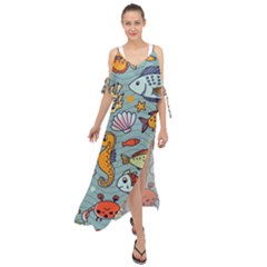 Cartoon Underwater Seamless Pattern With Crab Fish Seahorse Coral Marine Elements Maxi Chiffon Cover Up Dress