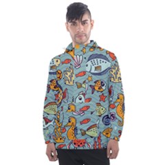 Cartoon Underwater Seamless Pattern With Crab Fish Seahorse Coral Marine Elements Men s Front Pocket Pullover Windbreaker by uniart180623
