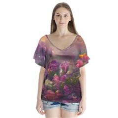 Floral Blossoms  V-neck Flutter Sleeve Top by Internationalstore