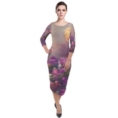 Floral Blossoms  Quarter Sleeve Midi Velour Bodycon Dress by Internationalstore