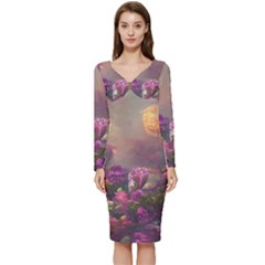 Floral Blossoms  Long Sleeve V-neck Bodycon Dress  by Internationalstore