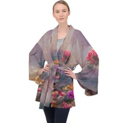 Floral Blossoms  Long Sleeve Velvet Kimono  by Internationalstore