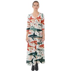 Fish Shark Animal Pattern Button Up Boho Maxi Dress