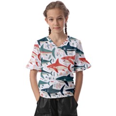 Fish Shark Animal Pattern Kids  V-neck Horn Sleeve Blouse