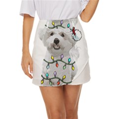 White Bichon Frise Dog T- Shirt White Bichon Frise Dog Santa Christmas Tree Lights Xmas T- Shirt Mini Front Wrap Skirt by ZUXUMI