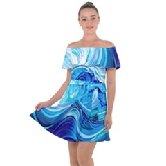 Tsunami Waves Ocean Sea Nautical Nature Water Off Shoulder Velour Dress by uniart180623