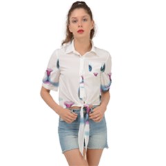 Cute White Cat Blue Eyes Face Tie Front Shirt  by Ket1n9