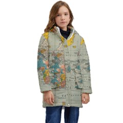 Vintage World Map Kids  Hooded Longline Puffer Jacket by Ket1n9