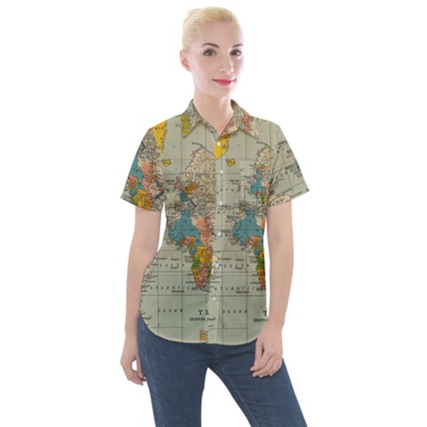 Vintage World Map Women s Short Sleeve Pocket Shirt by Ket1n9