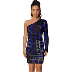 Technology Circuit Board Layout Long Sleeve One Shoulder Mini Dress by Ket1n9