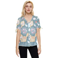 Cute Cat Background Pattern Bow Sleeve Button Up Top by Ket1n9
