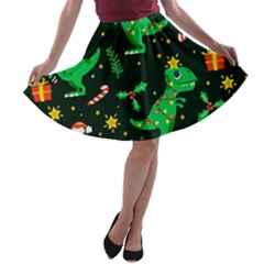 Christmas Funny Pattern Dinosaurs A-line Skater Skirt by Ket1n9