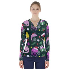 Dinosaur Colorful Funny Christmas Pattern V-neck Long Sleeve Top by Ket1n9