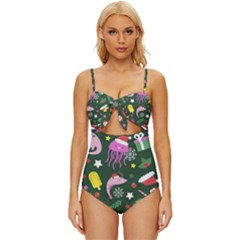 Dinosaur Colorful Funny Christmas Pattern Knot Front One-piece Swimsuit by Ket1n9