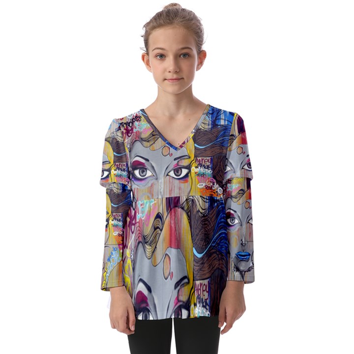 Graffiti-mural-street-art-painting Kids  V Neck Casual Top