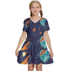 Space Galaxy Planet Universe Stars Night Fantasy Kids  Short Sleeve Tiered Mini Dress by Ket1n9