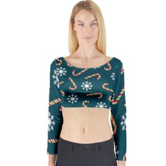 Christmas-seamless-pattern-with-candies-snowflakes Long Sleeve Crop Top by Grandong