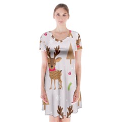 Christmas-seamless-pattern-with-reindeer Short Sleeve V-neck Flare Dress by Grandong