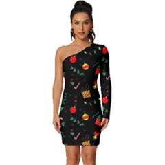 Christmas Pattern Texture Colorful Wallpaper Long Sleeve One Shoulder Mini Dress by Grandong