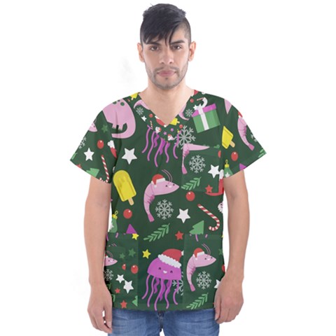 Colorful-funny-christmas-pattern   --- Men s V-neck Scrub Top by Grandong