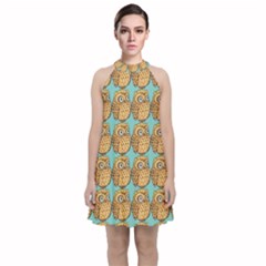 Seamless Cute Colourfull Owl Kids Pattern Velvet Halter Neckline Dress  by Grandong