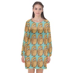 Owl-pattern-background Long Sleeve Chiffon Shift Dress 