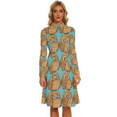 Owl-pattern-background Long Sleeve Shirt Collar A-line Dress by Grandong