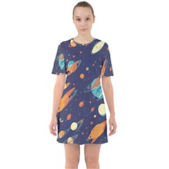 Space Galaxy Planet Universe Stars Night Fantasy Sixties Short Sleeve Mini Dress by Grandong