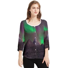 Aurora Stars Sky Mountains Snow Aurora Borealis Chiffon Quarter Sleeve Blouse by Grandong