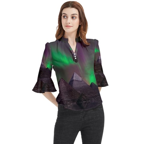 Aurora Northern Lights Phenomenon Atmosphere Sky Loose Horn Sleeve Chiffon Blouse by Grandong