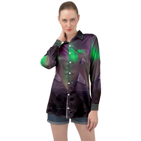Aurora Northern Lights Celestial Magical Astronomy Long Sleeve Satin Shirt by Grandong