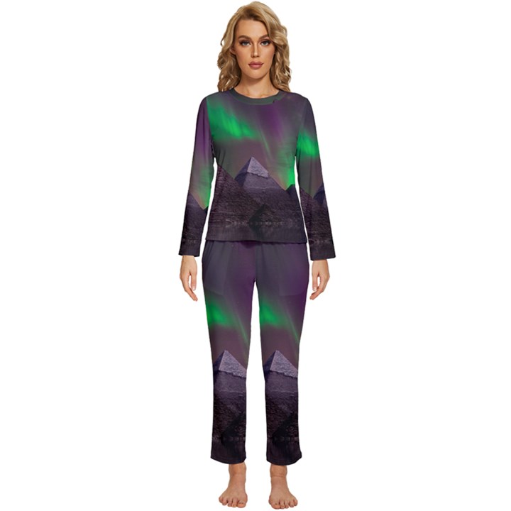 Fantasy Pyramid Mystic Space Aurora Womens  Long Sleeve Lightweight Pajamas Set