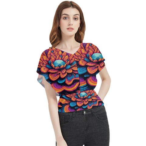 Flowers Painting Butterfly Chiffon Blouse by Ravend