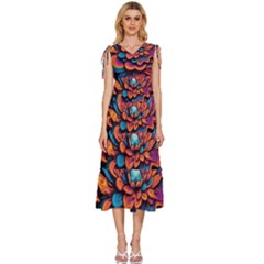 Flowers Painting V-neck Drawstring Shoulder Sleeveless Maxi Dress