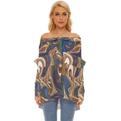Pattern Psychedelic Hippie Abstract Off Shoulder Chiffon Pocket Shirt