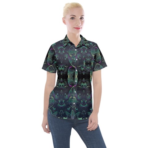 Background Pattern Mushrooms Women s Short Sleeve Pocket Shirt by Ravend